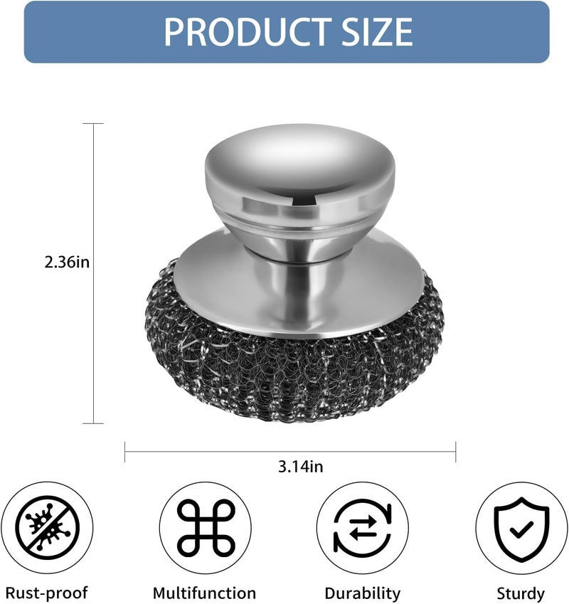 Onewly 2Pack Steel Wool Scrubber Set, Stainless Steel Scrubber with Stainless Steel Handle, for Cleaning Dishes, Cast Iron, Stock Pots, Pans, Griddles, Grills - Image 3